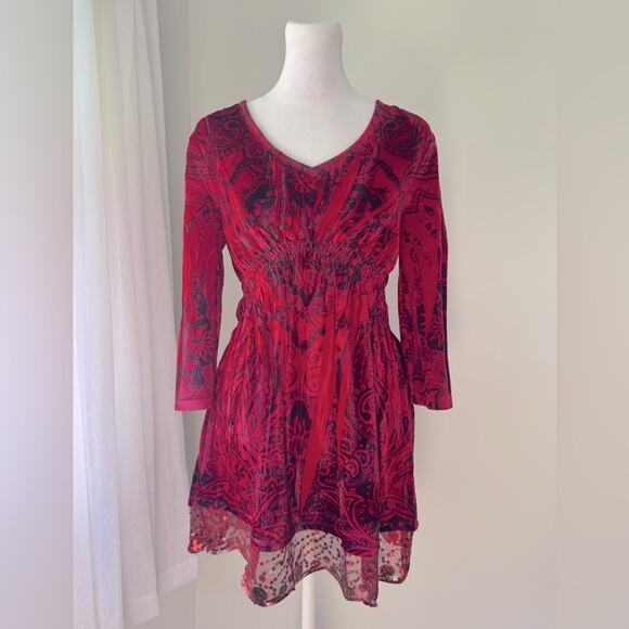 Vintage Y2K Energe World Wear Red & Black Velvet Paisley Print V-Neck Mini Dress - Picture 1 of 9